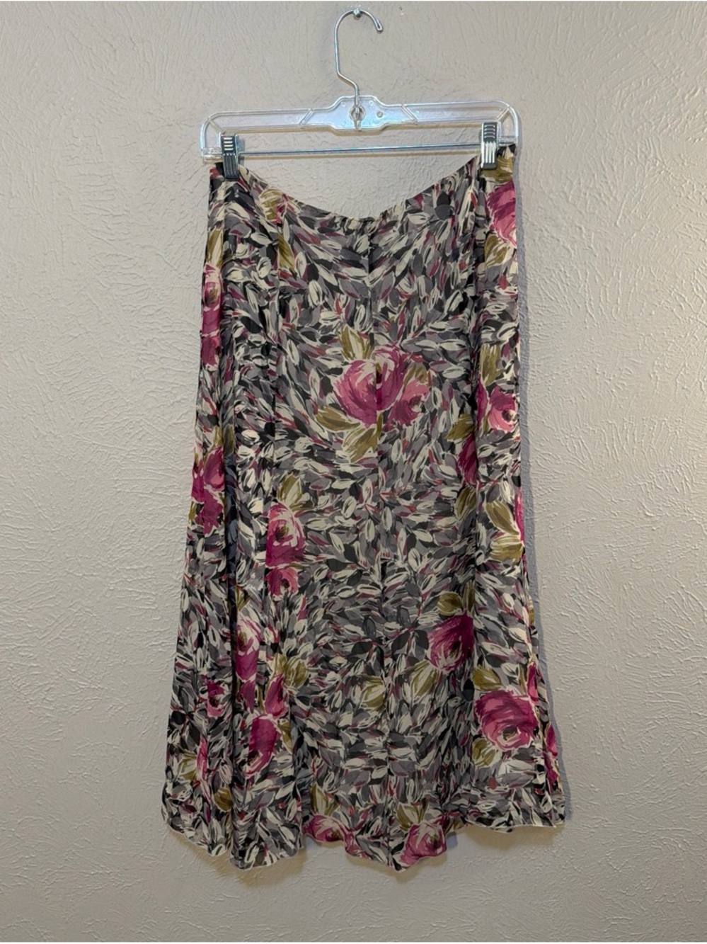 Floral A-Line Midi Silk Skirt in Pink and Gray